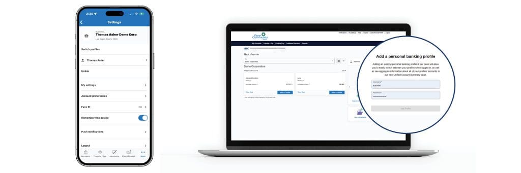A mobile phone showing a banking app next to a laptop showing an online banking portal.