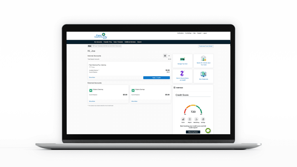 A personal banking dashboard showing account balances and links for managing money.
